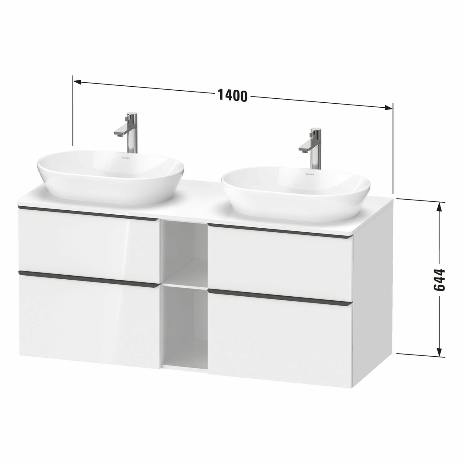 Duravit D-Neo Konsolenwaschtischunterbau Für 2 Waschtische 140 X 66,4 Cm, 4 Auszüge, Griff Edelstahl Gebürstet 2 Duravit D-Neo Konsolenwaschtischunterbau Für 2 Waschtische 140 X 66,4 Cm, 4 Auszüge, Griff Edelstahl Gebürstet – Bild 2