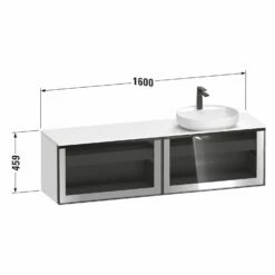 Duravit Vitrium Konsolenwaschtischunterbau Mit Ausschnitt Rechts 160 X 45,9 Cm, Mit Glasfront, Griff Weiß, Mit LED Licht