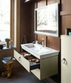 Duravit White Tulip Konsolenwaschtischunterbau Mit Ausschnitt Mittig 130 X 40,8 Cm, 1 Auszug Mit Griffen, Mit Zusatzmodul "I" Und LED-Licht -KEUCO Verkauf duravit white tulip badmoebel waschtischunterbauten konsolenwaschtischunterbau 8496283