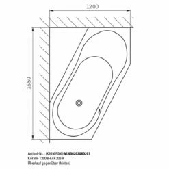 Koralle T200 6-Eckbadewanne 205 R, Überlauf Hinten