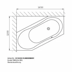 Koralle T200 6-Eckbadewanne 205 L, Überlauf Vorne