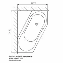 Koralle T200 6-Eckbadewanne 205 R, Überlauf Vorne