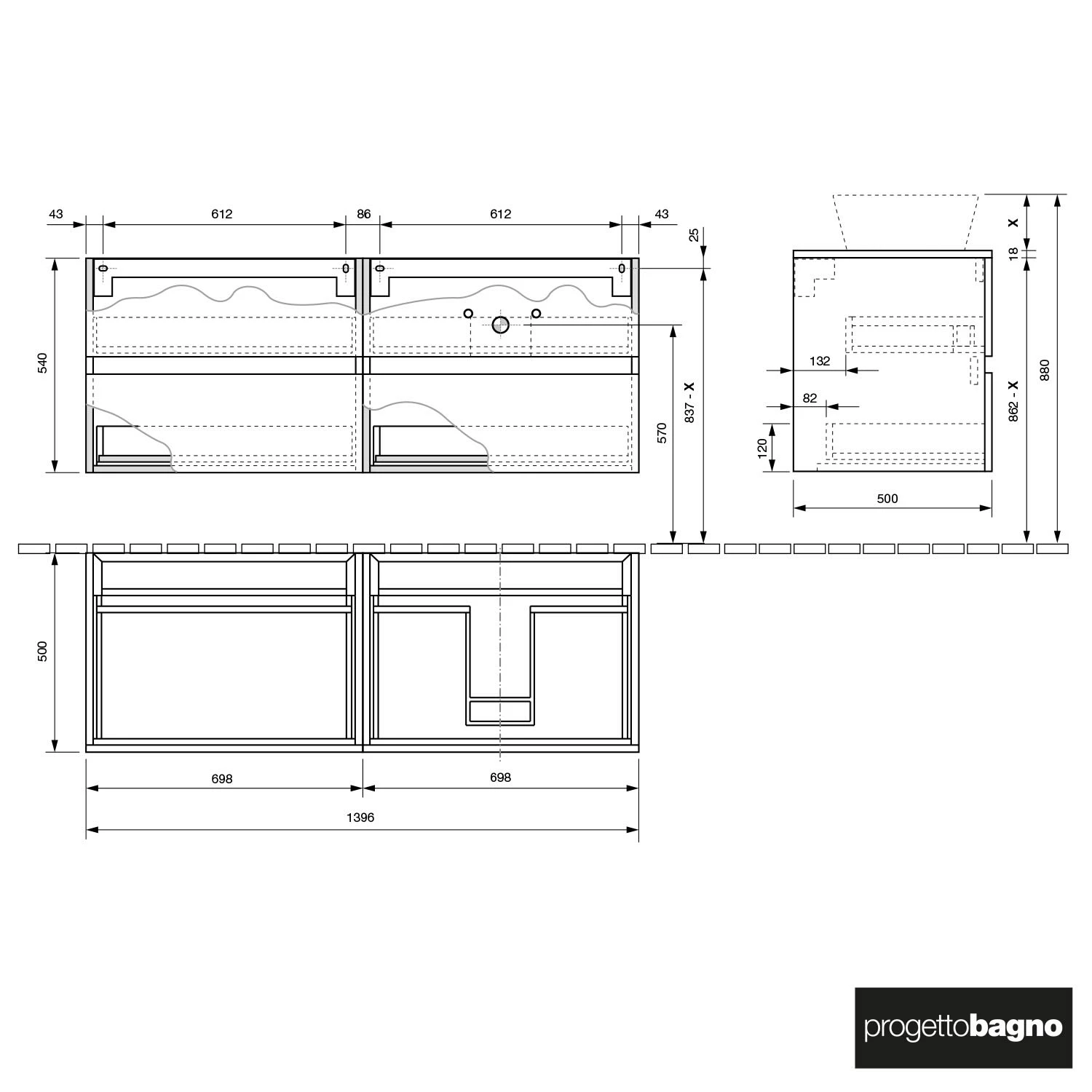 Progettobagno Evo 54 Modular Waschtischkonsole 140 Cm, Ausführung Rechts 2 Progettobagno Evo 54 Modular Waschtischkonsole 140 Cm, Ausführung Rechts – Bild 2